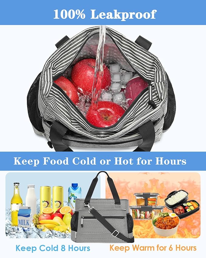 GLENKEY Insulated Lunch Box Lunch Bag Tote - Large Leakproof Cooler Bags for Women - Soft Lunchbox for Adults Work Shift Picnic Travel Stripe 10L