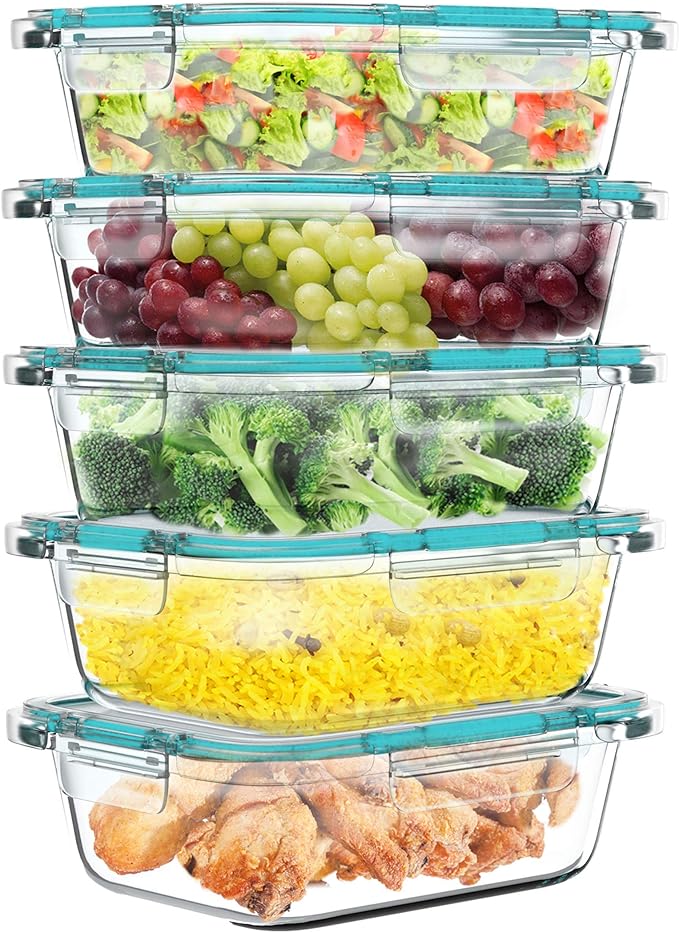 Classic Cuisine Glass Food Storage Containers-5, One Compartment Portion Control Meal Prep Glassware with Snap Shut Lids-Microwave, Dishwasher Safe Clear
