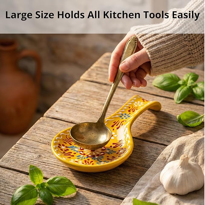 BCS Ceramic Spoon Rest, Large 9” Hand Painted Spoon Holder for Stove Top & Kitchen Counter, Dishwasher Safe & Heat Resistant Utensil Holder, Floral Kitchen Decor, Handmade Pottery