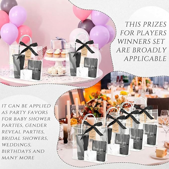 Nuogo 6 Sets New Parent Shower Prizes for Player Winners Adult, Wedding Bridal Shower Gift, Plastic Tumbler Notebook Scented Candle Ballpoint Pen Bag (Black Color,Classic Style)