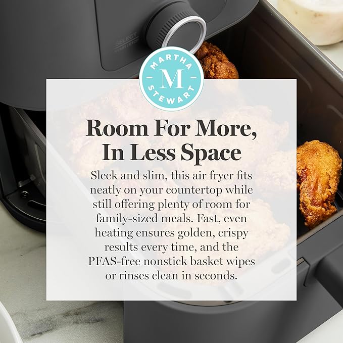 Martha Stewart 6QT Air Fryer, 6-in-1, Bake, Broil, Roast, Air Fry, Dehydrate, Reheat, Ceramic Non-Stick Basket, Crispy Results Fast, 400°F Max Temp, Shake Reminder, Auto Shut-Off, Caviar Gray