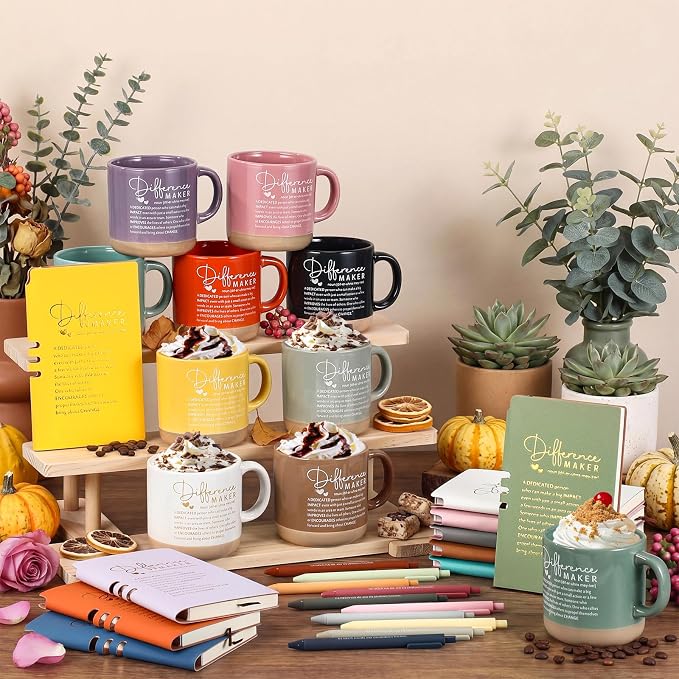Didaey 10 Sets Difference Maker Appreciation Gifts Set 13oz Pastel Ceramic Coffee Mugs A6 Leather Notebooks Ballpoint Pens Bulk Thank You Gifts for Difference Maker Team Members Employees Coworker