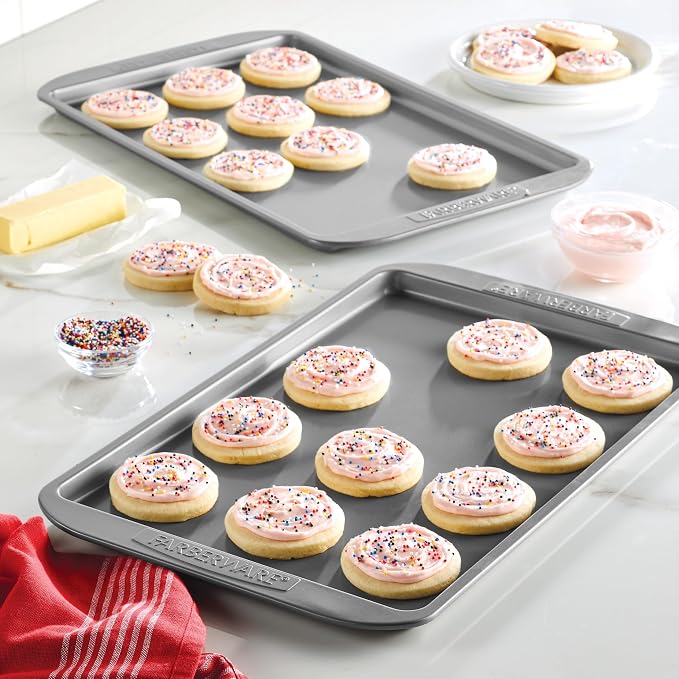 Farberware Nonstick Bakeware 11-Inch x 17-Inch Cookie Sheet Pan Set, 2-Piece, Gray