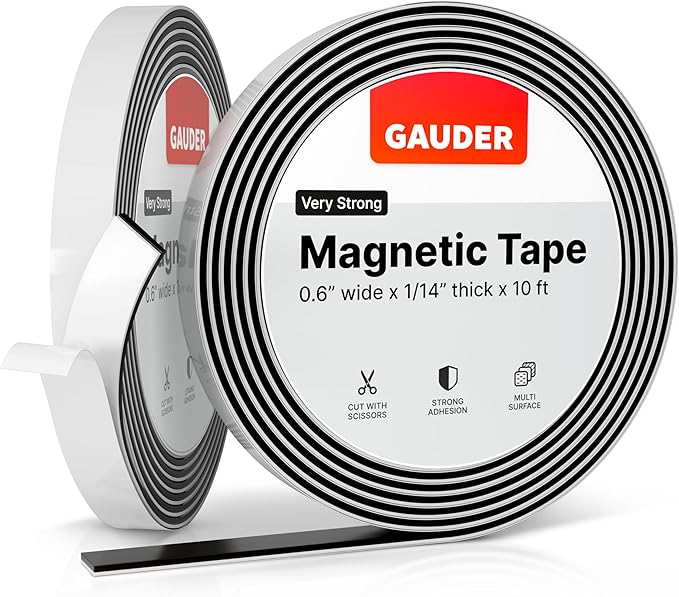 GAUDER Self-Adhesive Magnetic Tape Strong - Foam Adhesive Magnetic Strips for Uneven Surfaces - High Strength Magnet Roll with Enhanced Adhesion and Optimized Force (10 ft x 0.6 in)