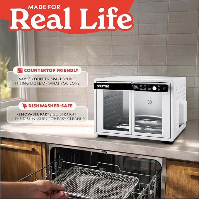 Gourmia French Door Air Fryer Oven - 37 Qt Large Capacity Convection Toaster Oven, FryForce 360°, Digital Display, 12 Cooking Presets, Dehydrate, Fits 13” Pizza, Dishwasher-Safe, White