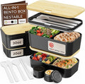 Umami Bento Box All-in-1 w/ 4 Utensils, 100% Leakproof, Dishwasher & Microwave Safe Lunch Containers for Adults w/ 4 Compartments, Black & Tan, 50 oz