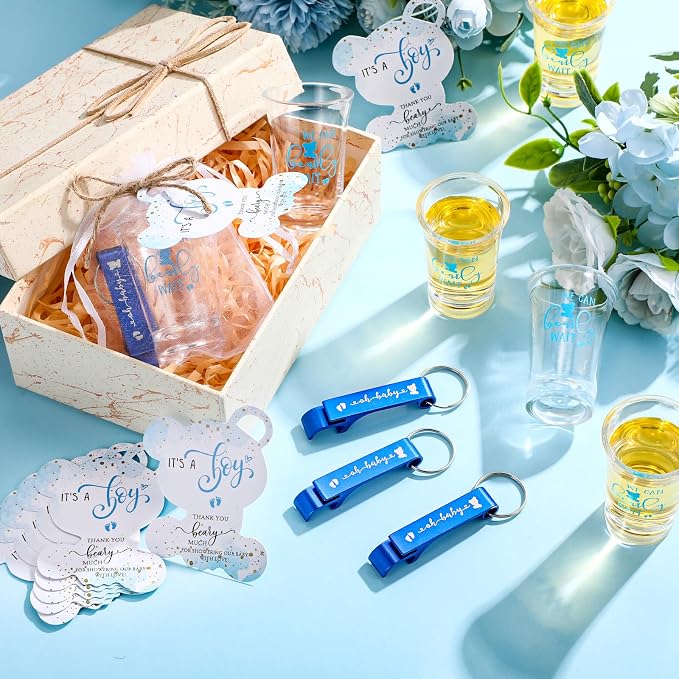 50 Sets Baby Shower Favor for Guests Acrylic Shot Glasses with Bottle Opener Keychains Thank You Tags and Bags Gender Reveal Party Favors for Guest Baby Shower Return Gift(Bear Boy)