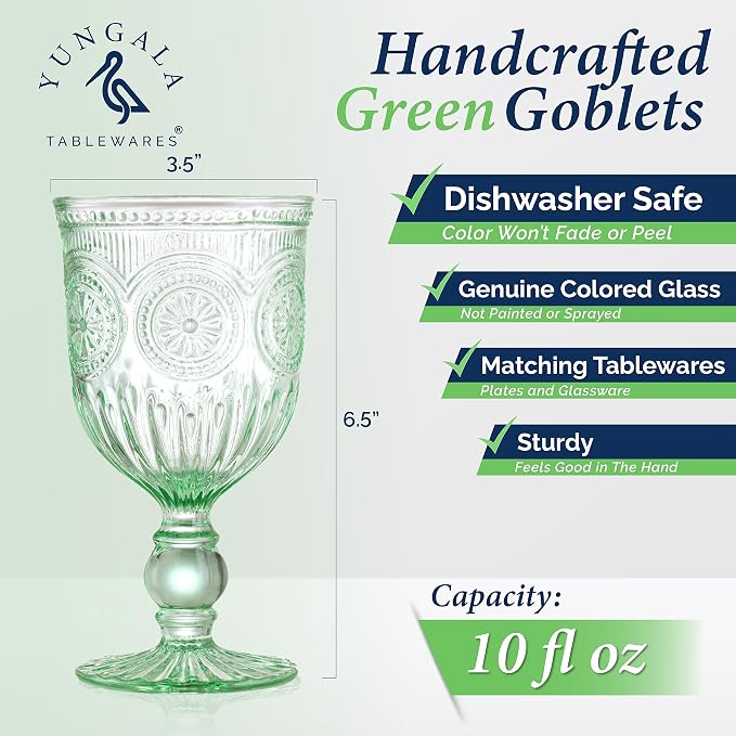 Green Wine Glasses Set of 6 Vintage Hobnail Goblets 10 oz Dishwasher Safe