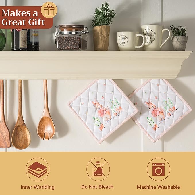 Maison d' Hermine Pot Holders 100% Cotton Heat Resistant Potholders 8" x 8" Hot Pads with Loop BBQ Cooking Baking Gifts for Mothers Day Handling Hot Pans Spring/Summer (Pack of 1, Bunny Party)