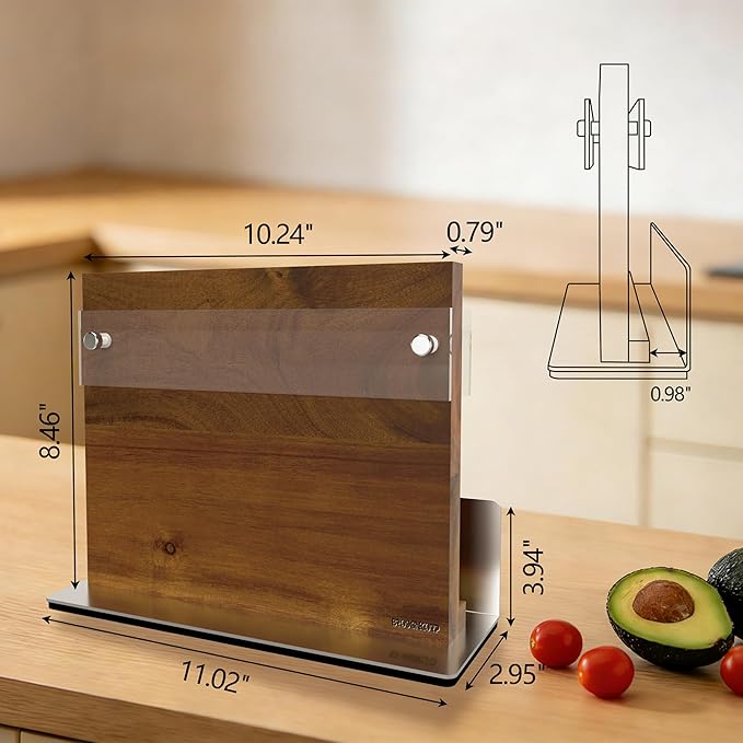 Brosisincorp Acacia Magnetic Knife Block Double-Sided for Kitchen Counter Top - Heavy Duty Base & Shatter-Resistant Acrylic Shield, Holds 10-12 Knives, Space Saving Organizer (No Knives Included)