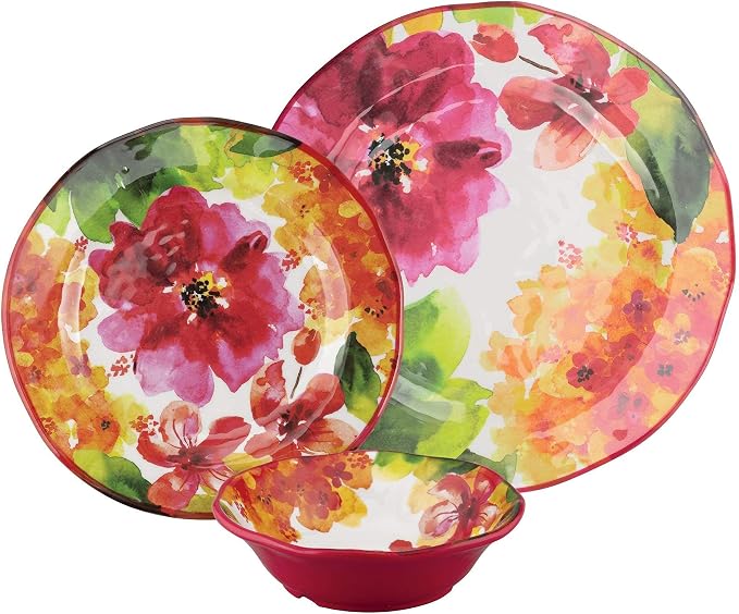 UPware 12 Piece Pink Floral Melamine Dinnerware Sets, Outdoor Dishes Set, Plates and Bowls Sets, Service for 4, Multicolor