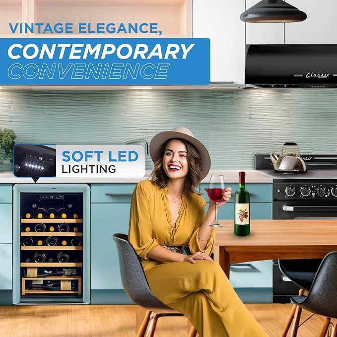 Unique Appliances Classic Retro Electric Wine Cooler, 28-Bottle Wine Fridge with Adjustable Wooden Shelves and Intuitive Digital Control Panel, Single Zone, 21", Ocean Mist Turquoise