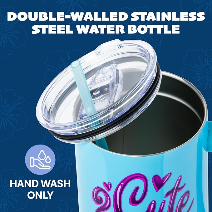 Silver Buffalo Disney Lilo and Stitch “2 Cute” Double Walled Stainless Steel Tumbler with Handle, Fits in Standard Cup Holder, 40 Ounces