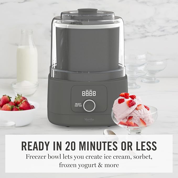 Martha Stewart Ice Cream Maker, 2 Quart Double-Insulated Freezer Bowl, Sorbet & Frozen Yogurt, Ready in 20 Minutes, Mix-Ins Chute, Easy to Clean, Caviar Gray