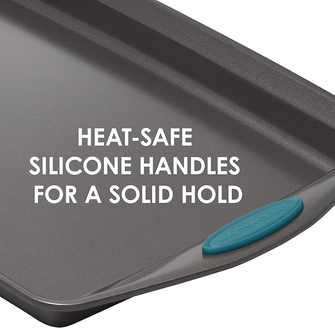 Rachael Ray Nonstick Bakeware Cookie Pan Set, 3-Piece, Gray with Marine Blue Silicone Grips