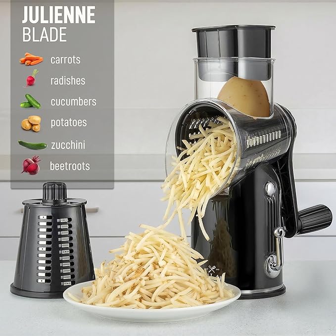 Zulay Kitchen Rotary Cheese Grater 5 Blade Cheese Shredder - Manual Hand Crank Cheese Grater With Reinforced Suction & 5 Interchangeable Drums - Easy to Use, Vegetable Chopper Round Mandoline Slicer