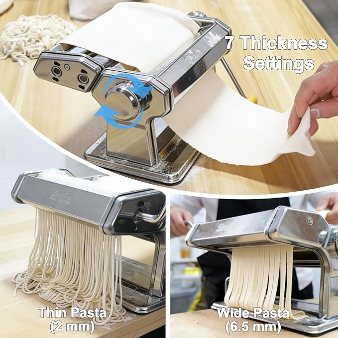 Pasta Maker Machine With 7 Adjustable Thickness Settings, Stainless Steel Manual Noodle Maker,Pasta Roller& Cutters With Removable Handle and Clamp For Kitchen （All-in-One ）