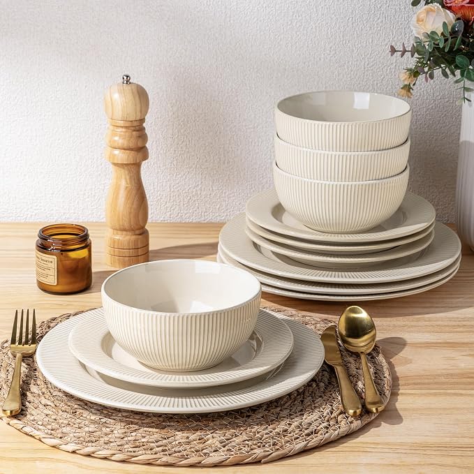 GBHOME Ceramic Dinnerware Sets,12 pcs Embossed Elegant Stoneware Plates and Bowls Sets, Housewarming Wedding Gift | Dishwasher & Microwave Safe | Dishes Set Service for 4
