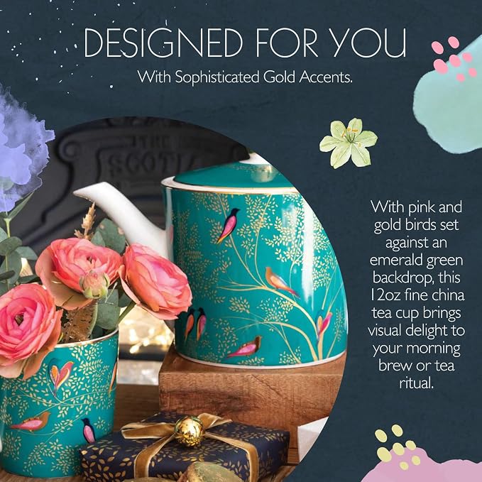 Portmeirion Sara Miller London Chelsea Mug, Green | 12 Oz Cup for Drinking Tea, Coffee, and Hot Cocoa | Made from Fine China with Gold Detail | Handwash Only