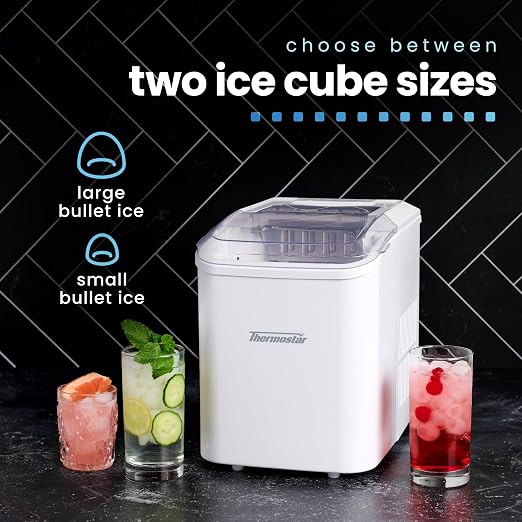 Nostalgia Thermostar Automatic Self-Cleaning Portable Electric Countertop Ice Maker Machine, 26 Pounds in 24 Hours, 9 Ice Cubes Ready in 7 Minutes, with Ice Scoop and Basket, White