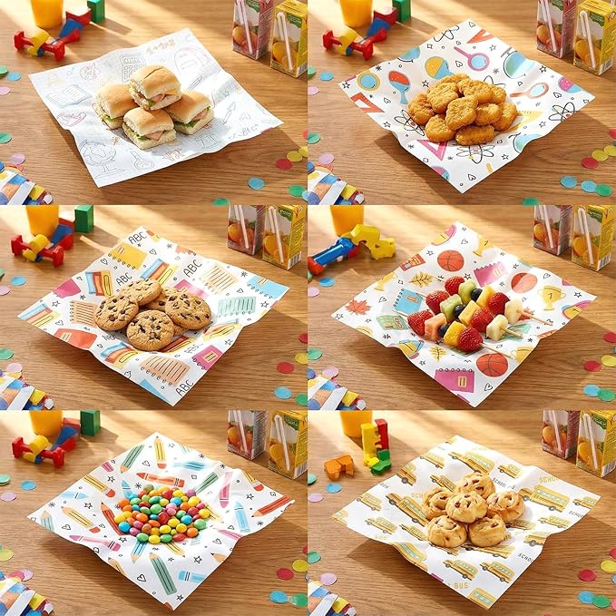 Reallnaive 300 Pcs Back to School Wax Paper Sheets 12 x 12 Inch Parchment Deli Tissue Paper Sandwich Wrapping Sheets Food Basket Liners for Kitchen Restaurant Baking Supplies, 6 Styles