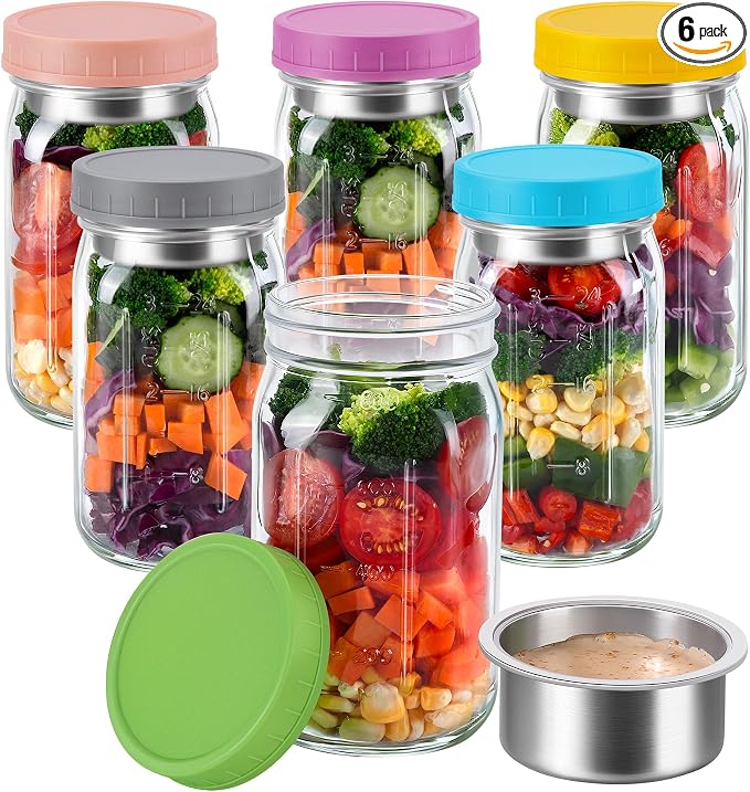 KTKUDY 6 Pack 32 oz Glass Salad Jars with Dressing Cups (Pod) - Meal Prep Salad Container for Lunch - Leakproof Mason Jars with Lids