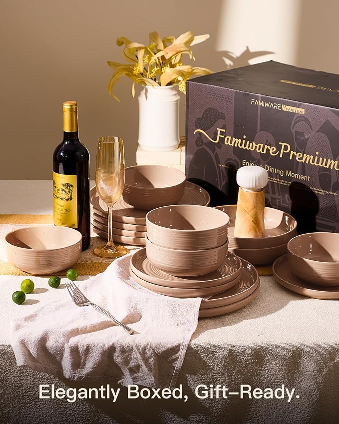 18-Piece Stoneware Dinnerware Sets for 6 - Coupe Plates and Bowls with Speckles & Spirals - Chip & Scratch Resistant, Microwave & Dishwasher Safe - Farmhouse Dishes - Gift Box, Brown