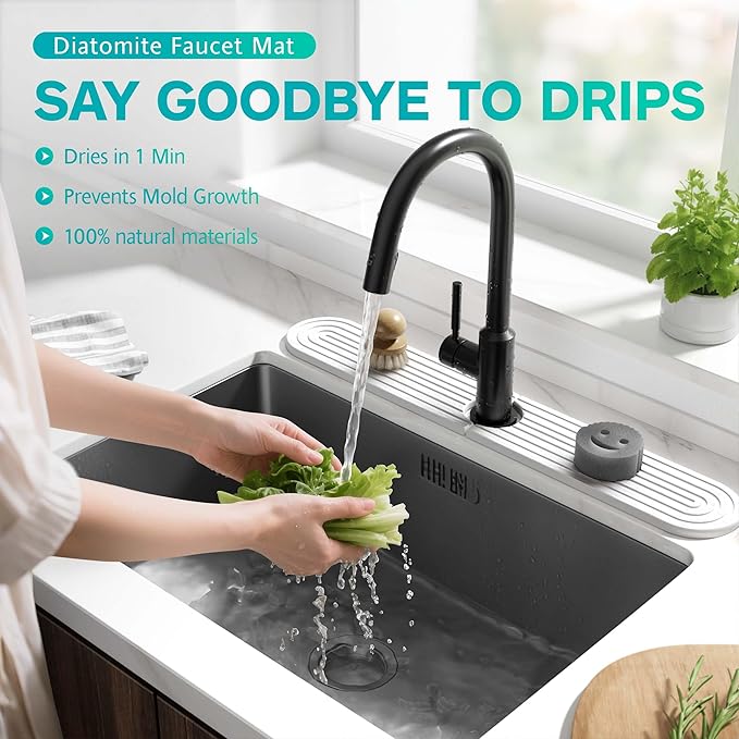 Stone Faucet Mat for Kitchen Sink – Diatomite Fast-Drying Stone Tray, Faucet Mat Sink Splash Guard, Decorative Sink Protector for Kitchen Bathroom Counter [Light Grey, 17.7''x3.9'']