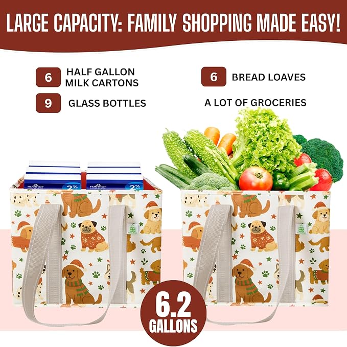 VENO 3 Pack Reusable Grocery Bags, Shopping Bags for Groceries, Tote with Handles and Hard Bottom, Foldable Shopping Cart Organizer, Water Resistant, Heavy-Duty (Holiday Pups, 6 Gallon)