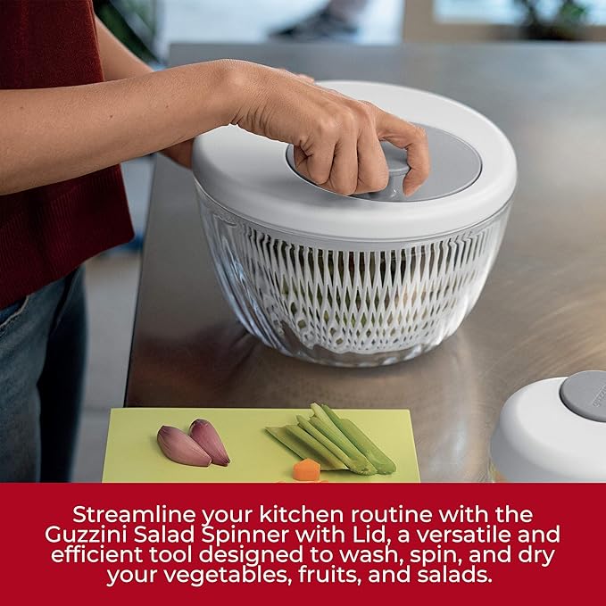GUZZINI 10" Salad Spinner with Lid - Lichen Green, Wash, Spin & Dry Vegetables, Fruits, Salad, Built in Draining - Fruit Washer Fruit Dryer, Home Gadgets & Kitchen Tools