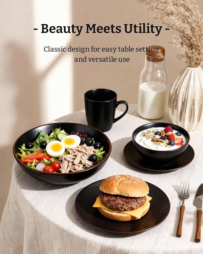 Famiware Venus 24-Piece Stoneware Dinnerware Sets with Mugs, Plates, Bowls, Service for 6, Matte Black - Modern Ceramic Chip‑Resistant Dishes for Everyday & Formal Use, Microwave & Dishwasher Safe