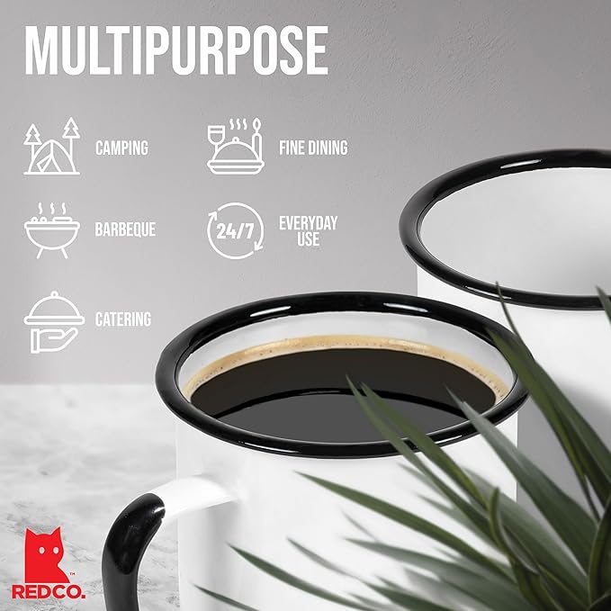 Red Co. Set of 6 Enamelware Metal Medium Classic 12 Oz Round Coffee and Tea Mug with Handle, Distressed White/Black Rim