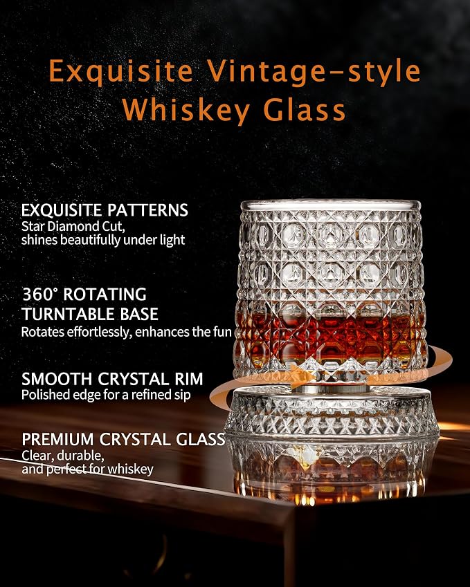 CEEFU Old Fashioned Whiskey Glasses with 360° Rotating Base, Set of 4 (4 Crystal Glasses Set, 4 Big Ice Ball Molds) In Gift Box - Bourbon, Cocktail, Rocks, Bday Gifts Ideas for Men, Gem Pattern