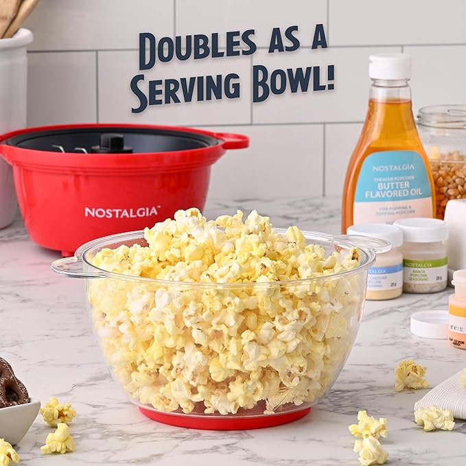 Nostalgia Electric Non-Stick Stirring Popcorn Machine with Hot Oil- Easy-To-Clean Popcorn Popper with Dual-Use Bowl & Cool-Touch Handles- Popcorn Maker for 8 Cups of Theater Style Popcorn- Red
