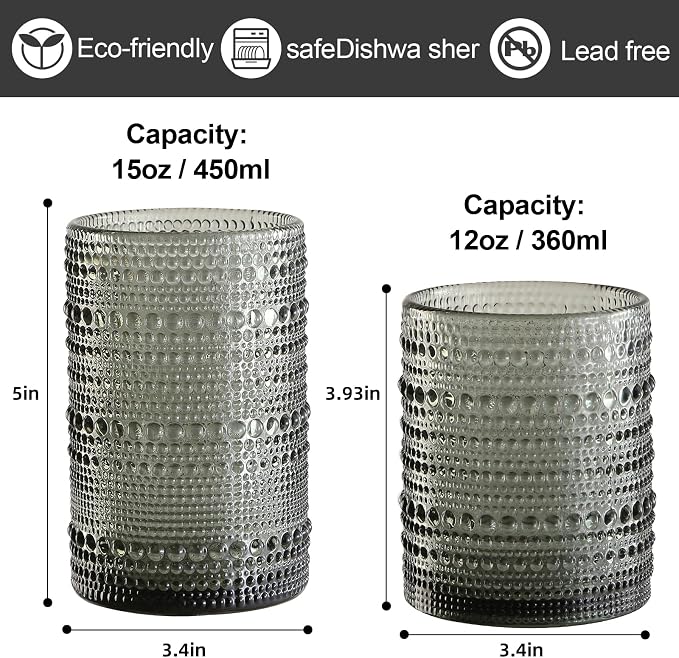 ZMOWIPDL Vintage Hobnail Drinking Glasses Set of 8,Grey 12 oz & 15oz Highball Glass Cups, Kitchen Drinkware Glassware,Embossed Water Tumbler,for Beer,Cocktail,Whiskey,Juice and Various Mixed Drinks