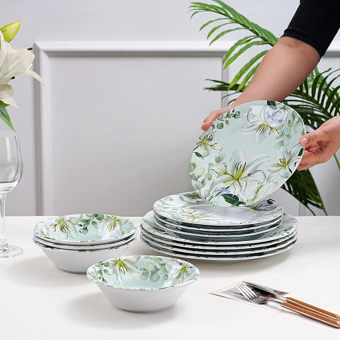 12-Piece Melamine Dinnerware Set, Green & White | Shatterproof Plates and Bowls, Elegant Lily Pattern, Everyday Dining, Outdoor Picnics and RV Camping