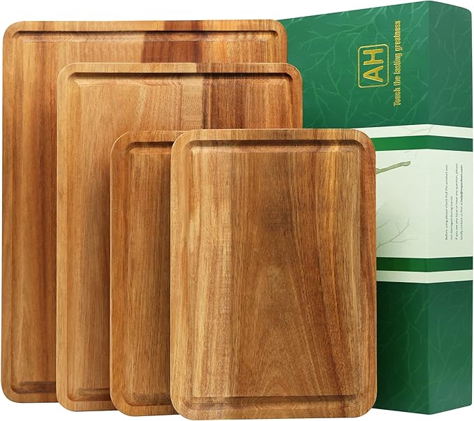 AZRHOM Large Wood Cutting Boards Set of 4 for Kitchen Cheese Charcuterie Board (Gift Box Included) Acacia Butcher Block with Non-slip Mats, Juice Groove and Handles (16x12, 14x10, double 11x8 inch)-4