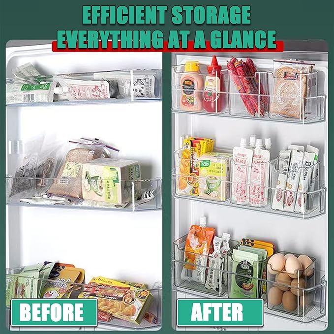 2/4/6/8 Pcs Crystal Clear Freezer Storage Bins, Freezer Organizer Bins, Clear Plastic Bins, Stackable Kitchen Cabinet Organizer with Handles for Frozen Food, Meat & Veggies (8, Green, L)