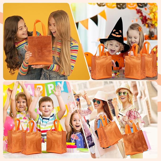 Eccliy Reusable Gift Bags Set Glossy Grocery Gift Tote Bag with Handle for Wedding, Bridal Shower, 4th of July, Summer Event(10 x 8 x 4.7 Inch,Orange,80 Pcs)
