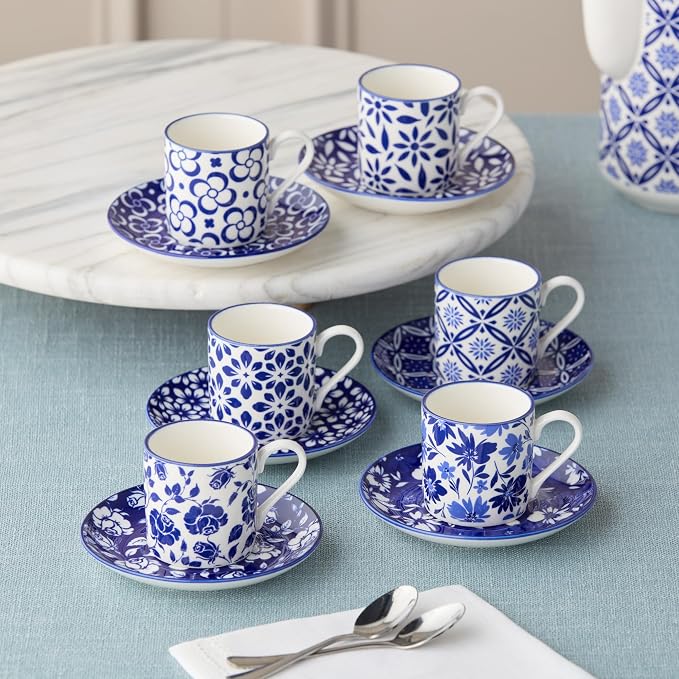 Madison 6-Piece Espresso Cup & Saucer Set, 3.25 oz Porcelain Cups with 4.75-Inch Saucers, Intricate Blue & White Patterns, Durable & Dishwasher Safe, Perfect for Espresso & Giftable Elegance