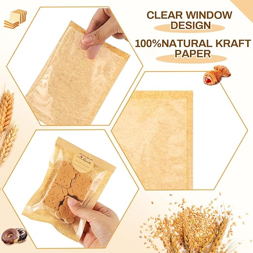 Outus 50 Pcs Cookie Packaging Bags with Seal, 4 x 6 Inch Bakery Pastry Bags with Window, Heat Sealable Grease Resistant Paper to Go Bake Sleeves for Gift Giving Donut Bread Sandwich (Brown)
