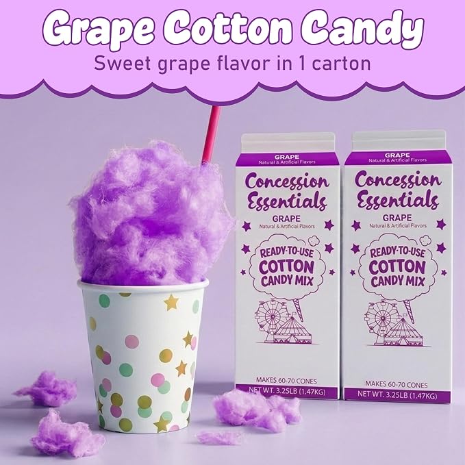 Perfectware Concession Essentials Grape Cotton Candy Mix – Ready-to-Use Floss Sugar for Cotton Candy Machines – Makes 60–70 Cones – 3.25 lb Carton – Carnival Style Cotton Candy Sugar