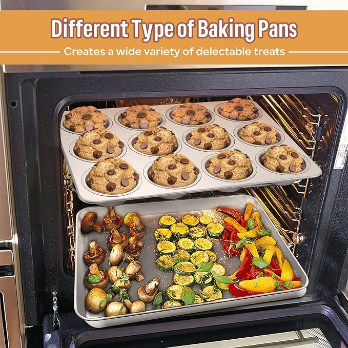 E-far 6-Piece Baking Pans set, Stainless Steel Bakeware Set for Oven, Include 8-Inch Cake Pan/Rectangle Baking Cookie Sheet/Muffin/Loaf Pan, Non-Toxic & Heavy Duty, Dishwasher Safe