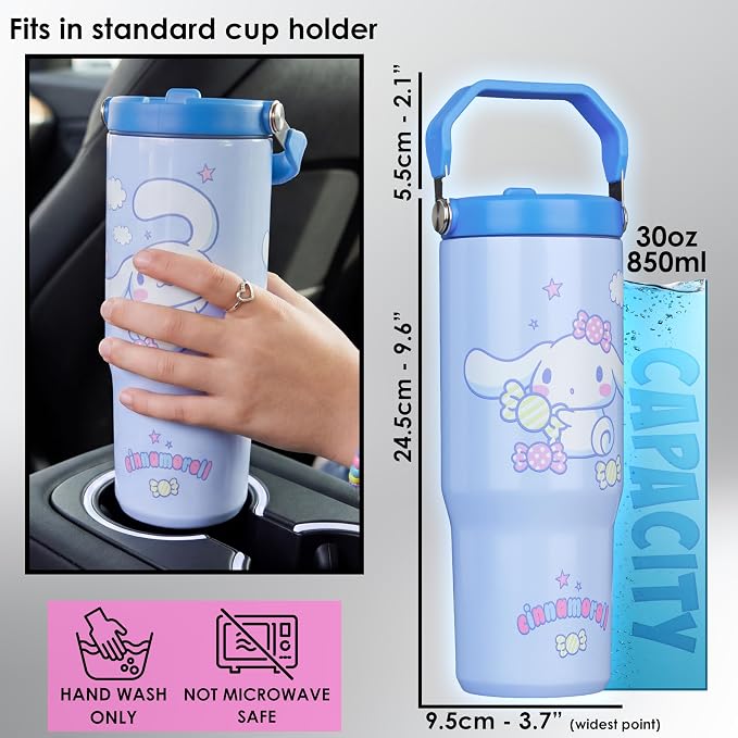 Get Trend Hello Kitty Cinnamoroll 30oz Tumbler with Handle and Straw, Kids Stainless Steel Insulated Water Bottle, BPA-Free, Leak-Proof, Cold for 12h, Hot 5h, Kawaii Gifts for Girls (Blue Cinnamoroll)