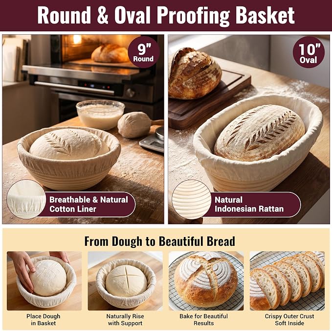 Sourdough Starter Kit - Banneton Proofing Basket 9 Inch Round & 10 Oval, Complete Sourdough Bread Baking Supplies with Starter Jar, Bread Sling, Lame, Danish Dough Whisk, Bags