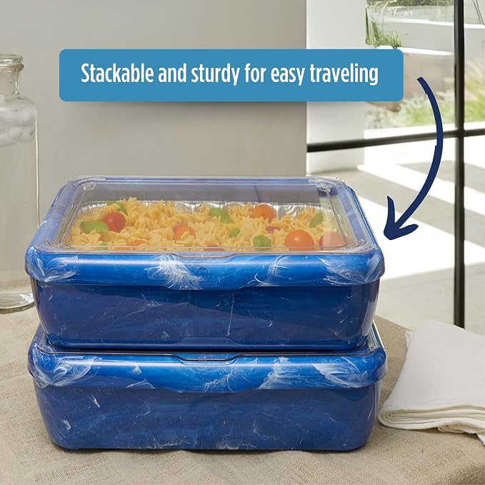 Fancy Panz Blue Marble Premium Aluminum Foil Pan Carrier with Secure Latch Lid & Hot/Cold Gel Pack - Made in USA Reusable Casserole Carrier for Half Size Pans - Food Transport Holder for Entertaining