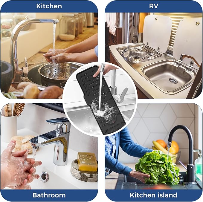 24" Splash Guard Plus Size Silicone Sink Faucet Drying Mat Handle Drip Catcher Tray Dish Sponge Holder Kitchen Accessories Protector Home Organization Gadgets Organizer