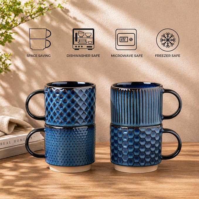 GBhome 12OZ Stackable Coffee Mugs with Stand, Ceramic Coffee Mugs with Texture Patterns for Man,Woman,Dad,Mom, Modern Coffee Cups Set of 4 for Latte/Cappuccino/Cocoa. Dishwasher&Microwave Safe