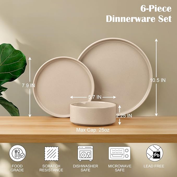 E-far 6-Piece Stoneware Dinnerware Sets, Plates and Bowls Set for 2, Kitchen Modern Dishes Set for Everyday & Formal, Chip and Scratch Resistant, Microwave & Dishwasher Safe, Speckled Khaki