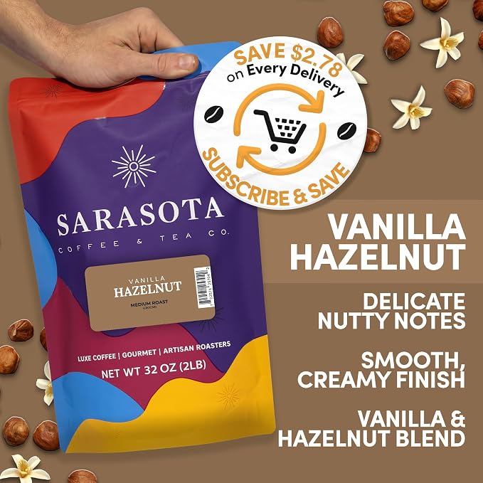 2 lb Vanilla Hazelnut Ground Coffee | Vanilla & Hazelnut Flavored Coffee Medium Roast | Bulk Sweet Nutty Flavored Ground | Specialty Grade | 32 oz